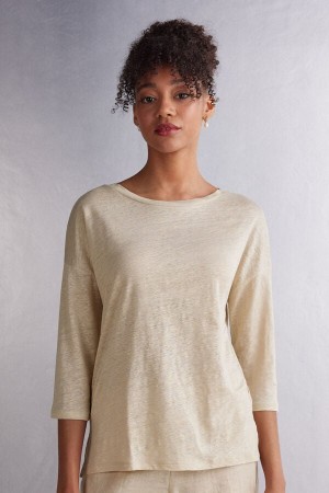 Beige Intimissimi Linen Bateau Neck Women Long Sleeve | 6907RCZHQ