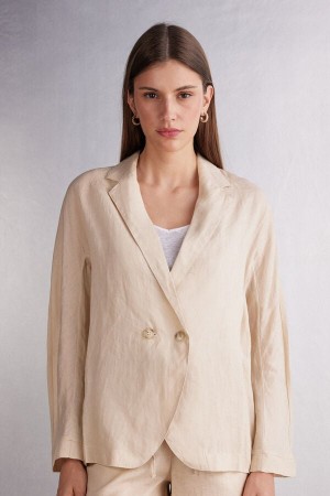 Beige Intimissimi Linen Cloth Double Breasted Women Jacket | 6917KQEDO