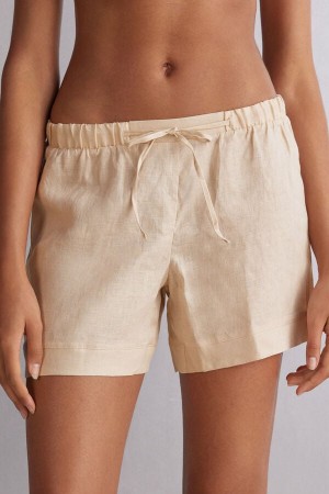 Beige Intimissimi Linen Cloth Women Shorts | 1407ICAML