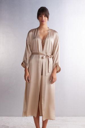 Beige Intimissimi Living In Luxe Long Silk Women Robe | 8695TGNBW