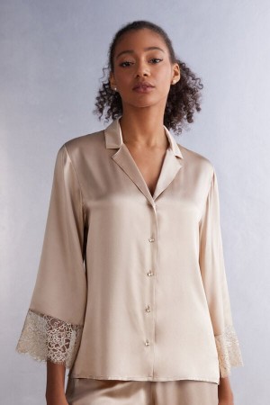 Beige Intimissimi Living In Luxe Menswear Cut Silk Women Shirt | 5709JCKZR