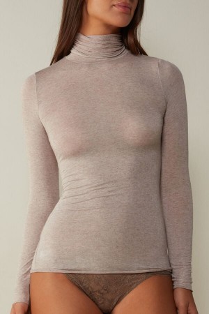 Beige Intimissimi Modal Cashmere Ultralight High-Neck Women Long Sleeve | 7461MCIHP