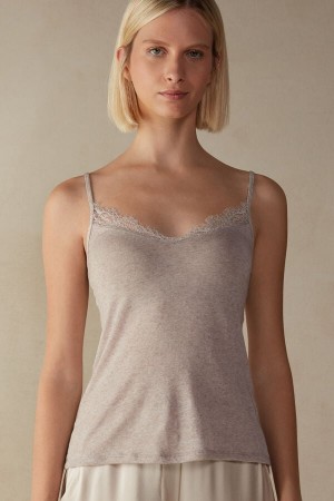 Beige Intimissimi Modal Ultralight Cashmere Blend With Lace Women Tank Top | 0793DZVKJ