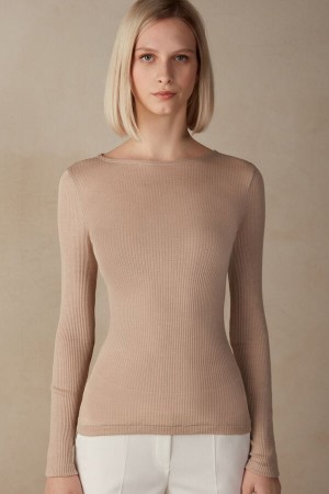 Beige Intimissimi Wide Neck Wool And Silk Women Sweater | 8142CQPIN