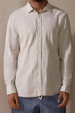 Beige White Intimissimi Linen And Cotton Men Shirt | 0483SEGAO