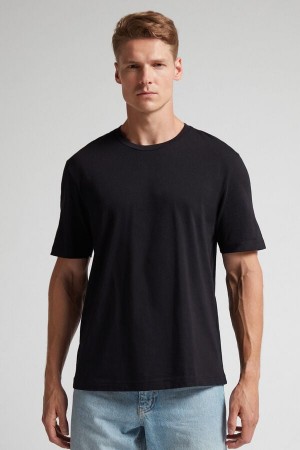 Black Intimissimi Cotton Jersey Men T-Shirt | 3496TAZXG