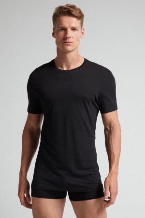 Black Intimissimi Extrafine Superior Cotton Men T-Shirt | 9523AKSTI