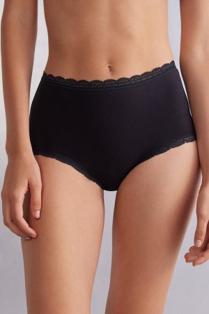 Black Intimissimi High Rise Cotton And Lace Hipsters Women Briefs | 4071NYPKM