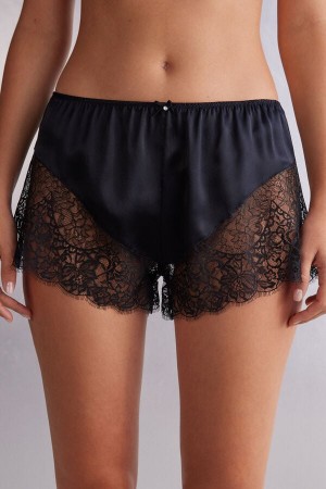 Black Intimissimi Living In Luxe Silk And Lace Women Shorts | 8074VSNEC