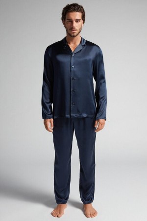 Black Intimissimi Long Silk Piped Men Pajamas | 4801XRYWG