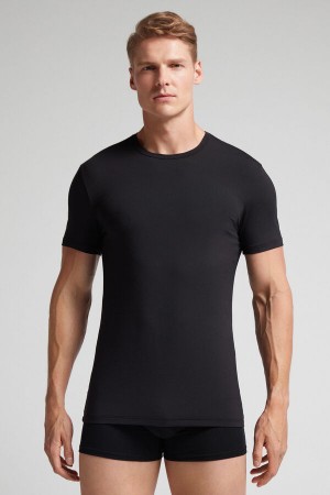 Black Intimissimi Microfiber Men T-Shirt | 5128HAFDX