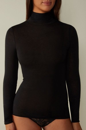 Black Intimissimi Modal Cashmere Ultralight High-Neck Women Long Sleeve | 7124KFASD