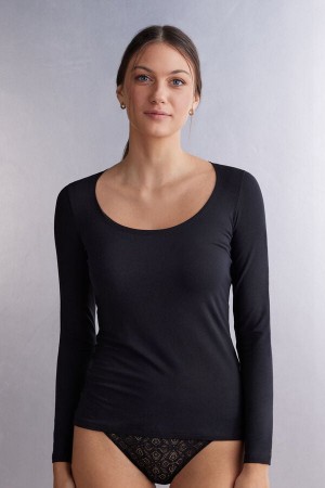 Black Intimissimi Scoop Neck In Micro-Modal Women Long Sleeve | 4275RVTXH