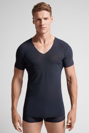 Black Intimissimi Seamless Micromesh Men T-Shirt | 0628SCNIP