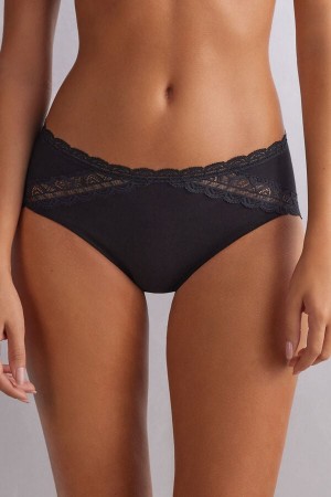 Black Intimissimi Semi-High Rise Cotton And Lace Women Panties | 5163UWTIB