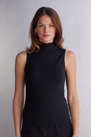 Black Intimissimi Sleeveless Turtleneck Micromodal Women Tank Top | 6923CSGTA