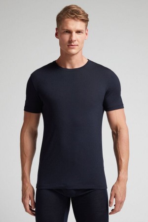 Black Intimissimi Stretch Merino Wool Short-Sleeve Men T-Shirt | 3486JBRZI