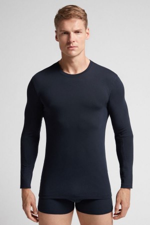 Black Intimissimi Stretch Superior Cotton Men Long Sleeve | 4839AYSNM