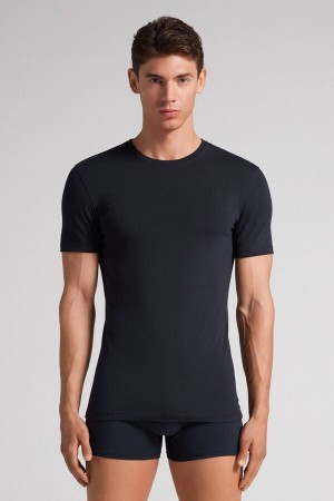 Black Intimissimi Stretch Superior Cotton Men T-Shirt | 4790KLWZC