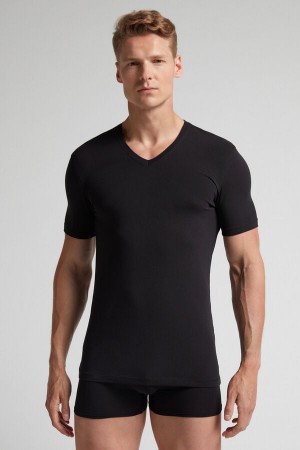 Black Intimissimi Stretch Superior Cotton V-Neck Men T-Shirt | 5796BLYSG