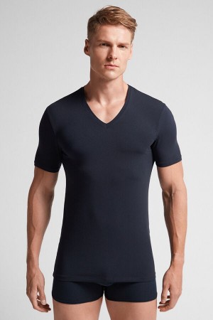 Black Intimissimi Stretch Superior Cotton V-Neck Men T-Shirt | 2618XCSED