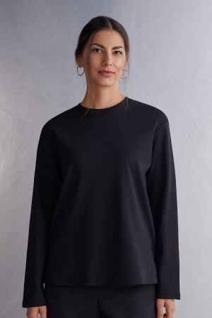 Black Intimissimi Top In Cotton Women Long Sleeve | 0614QHUVE