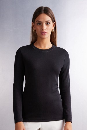 Black Intimissimi Wool Cotton Crewneck Women Sweater | 8694IWFNC