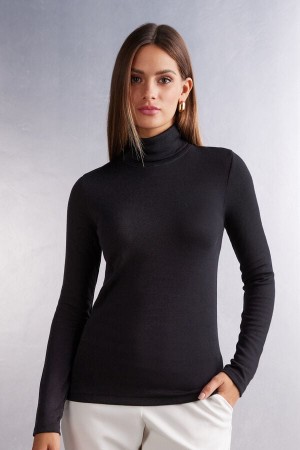 Black Intimissimi Wool Cotton High Collar Women Long Sleeve | 6948AEGTP