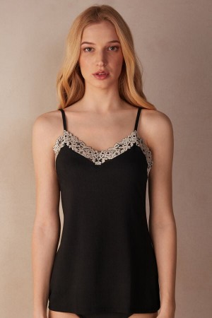 Black / White Intimissimi Pretty Flowers Modal Women Tank Top | 5639KITAU