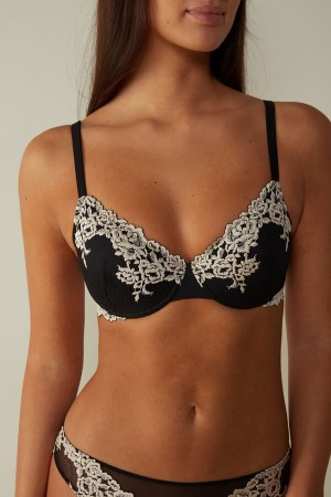 Black / White Intimissimi Pretty Flowers Francesca Balconette Women Bra | 0581PNYJX