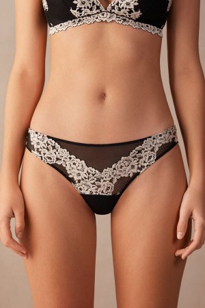 Black / White Intimissimi Pretty Flowerszilian Women Briefs | 8475TLBIQ