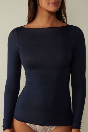 Blue Intimissimi Boat Neck Modal Cashmere Ultralight Women Long Sleeve | 0432BCYTG