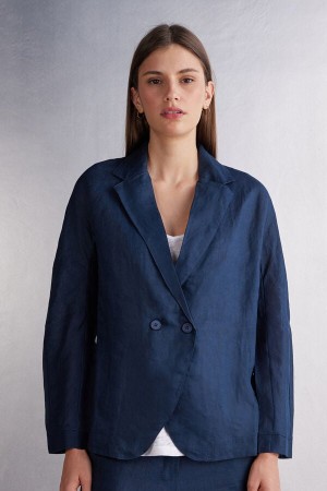 Blue Intimissimi Linen Cloth Double Breasted Women Jacket | 1359DJLHG