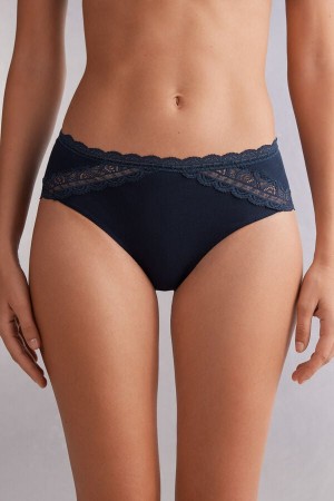 Blue Intimissimi Semi-High Rise Cotton And Lace Women Panties | 3149JQKPB