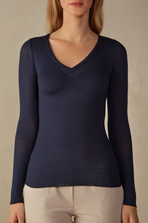 Blue Intimissimi V-Neck Top In Modal Ultralight With Cashmere Women Long Sleeve | 8346CNBYL