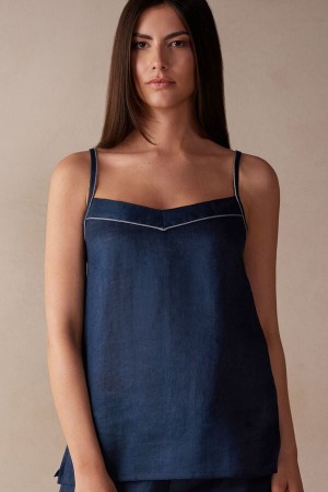 Blue Intimissimi Yacht Night Linen Women Tank Top | 7614YZNHS