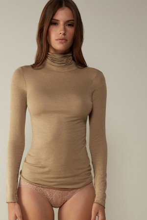 Brown Intimissimi Modal Cashmere Ultralight High-Neck Women Long Sleeve | 2643TWEVO