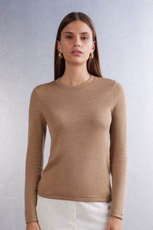 Brown Intimissimi Wool Cotton Crewneck Women Sweater | 3615WGIXP