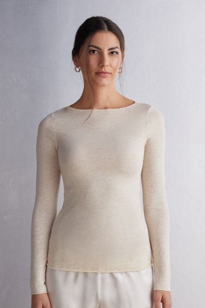 Cream White Intimissimi Crewneck In Modal Light With Cashmere Lamé Women Sweater | 7186LKIHW