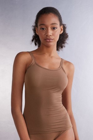 Dark Beige Intimissimi Ultralight Cotton Women Tank Top | 2058SYUNB