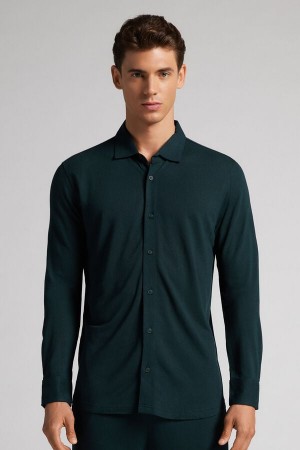 Dark Green Intimissimi Modal And Silk Piqué Men Shirt | 9528XNEYJ