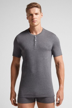 Deep Grey Intimissimi Superior Cotton Henley Men T-Shirt | 3941GISVJ