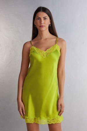 Green Intimissimi Silk Slip With Lace Insert Detail Women Pajamas | 6935WQTZL