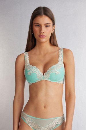 Green / White Intimissimi Pretty Flowers Gioia Super Push-Up Women Bra | 4725FVKYH