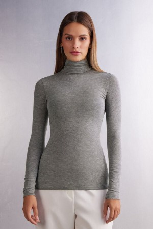 Grey Intimissimi Modal Cashmere Ultralight High-Neck Women Long Sleeve | 3289AHLZW