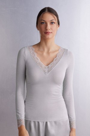 Grey Intimissimi Modal Cashmere Ultralight Long Lace Women Shirt | 2184RVDNM