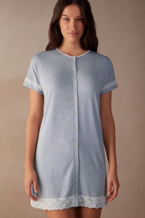 Light Blue Intimissimi Lace Trim Button Up Women Pajamas | 2368LZCMW