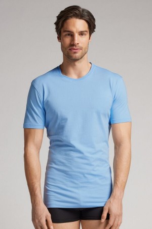 Light Blue Intimissimi Stretch Superior Cotton Men T-Shirt | 1568ZDNRE