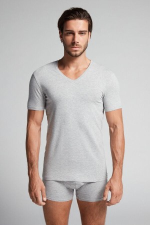 Light Grey Intimissimi Stretch Superior Cotton V-Neck Men T-Shirt | 6547VPUCL