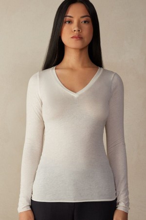 Light Yellow Intimissimi V-Neck Top In Modal Ultralight With Cashmere Women Long Sleeve | 1684DFLAI